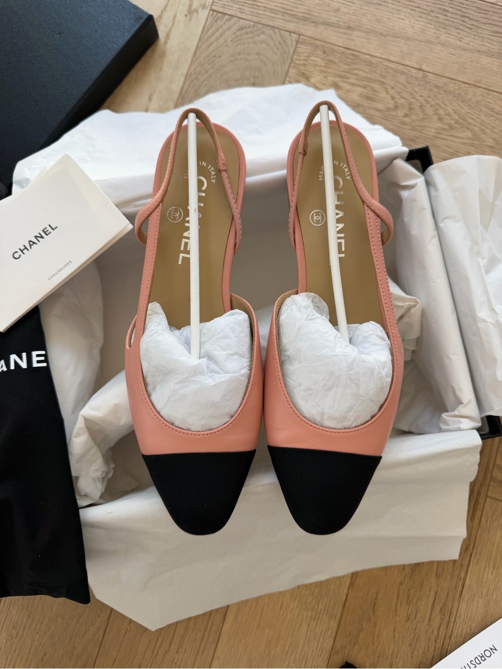 CHANEL Pink and Black Cap-Toe Slingback Flats
